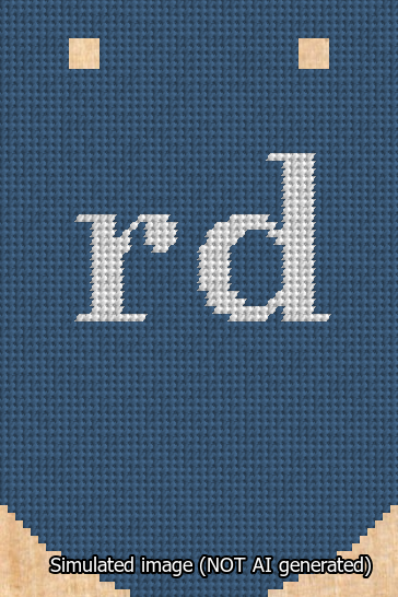 A simulated image of the stitched needlepoint design: Banner 13m Curved rd White on Blue. Not A.I. generated.