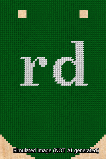 A simulated image of the stitched needlepoint design: Banner 13m Curved rd White on Green. Not A.I. generated.