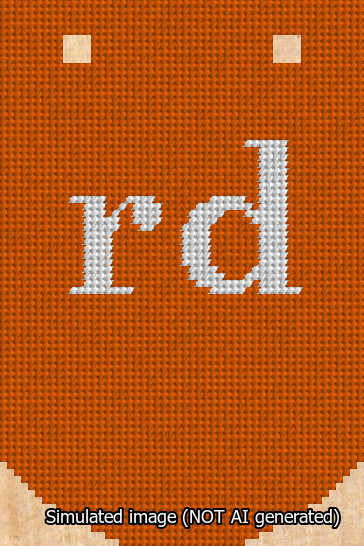 A simulated image of the stitched needlepoint design: Banner 13m Curved rd White on Orange. Not A.I. generated.
