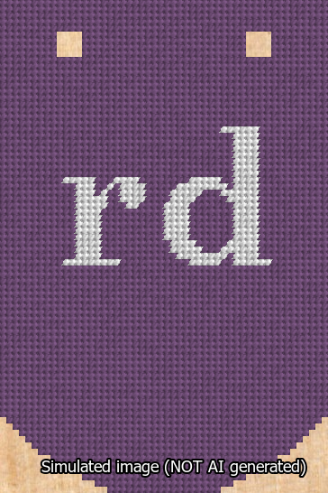 A simulated image of the stitched needlepoint design: Banner 13m Curved rd White on Purple. Not A.I. generated.