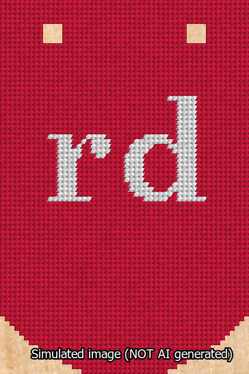 A simulated image of the stitched needlepoint design: Banner 13m Curved rd White on Red. Not A.I. generated.