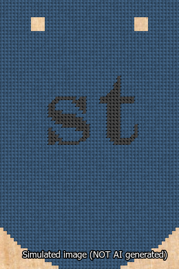 A simulated image of the stitched needlepoint design: Banner 13m Curved st Black on Blue. Not A.I. generated.