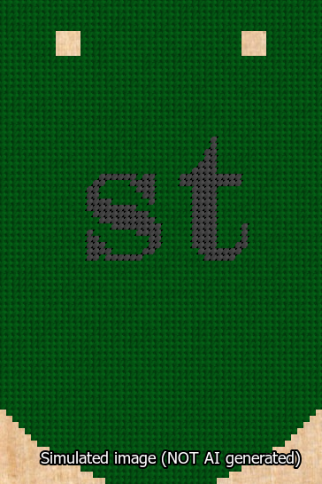 A simulated image of the stitched needlepoint design: Banner 13m Curved st Black on Green. Not A.I. generated.