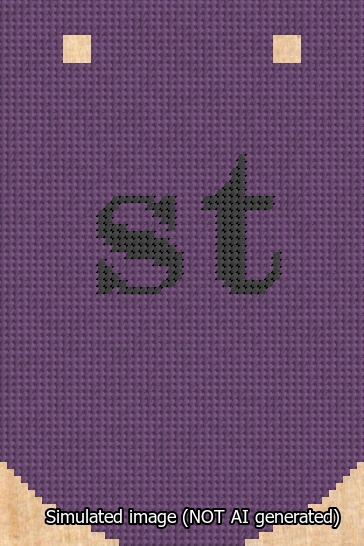 A simulated image of the stitched needlepoint design: Banner 13m Curved st Black on Purple. Not A.I. generated.