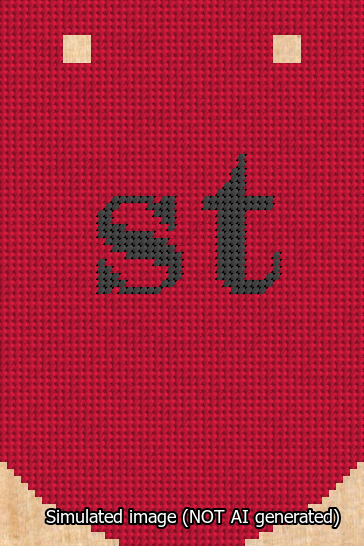 A simulated image of the stitched needlepoint design: Banner 13m Curved st Black on Red. Not A.I. generated.