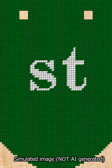 A simulated image of the stitched needlepoint design: Banner 13m Curved st White on Green. Not A.I. generated.