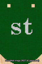 A simulated image of the stitched needlepoint design: Banner 13m Curved st White on Green. Not A.I. generated.