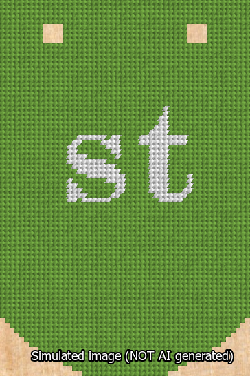 A simulated image of the stitched needlepoint design: Banner 13m Curved st White on Light Green. Not A.I. generated.