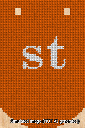 A simulated image of the stitched needlepoint design: Banner 13m Curved st White on Orange. Not A.I. generated.