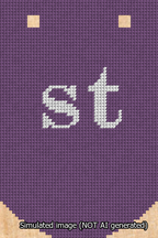 A simulated image of the stitched needlepoint design: Banner 13m Curved st White on Purple. Not A.I. generated.