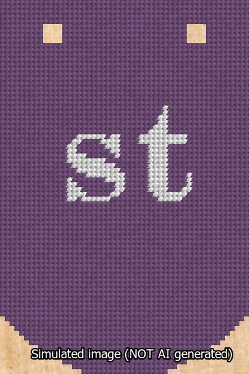 A simulated image of the stitched needlepoint design: Banner 13m Curved st White on Purple. Not A.I. generated.