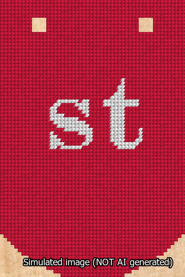 A simulated image of the stitched needlepoint design: Banner 13m Curved st White on Red. Not A.I. generated.