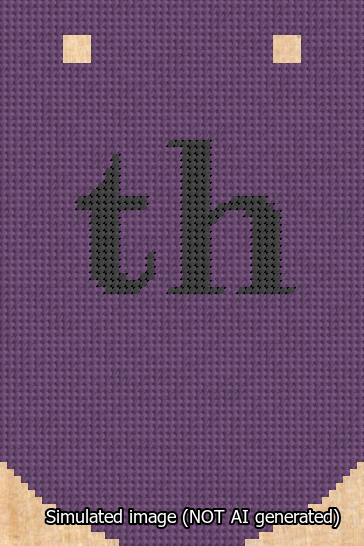 A simulated image of the stitched needlepoint design: Banner 13m Curved th Black on Purple. Not A.I. generated.