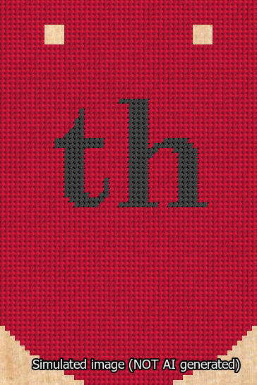 A simulated image of the stitched needlepoint design: Banner 13m Curved th Black on Red. Not A.I. generated.