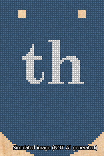 A simulated image of the stitched needlepoint design: Banner 13m Curved th White on Blue. Not A.I. generated.