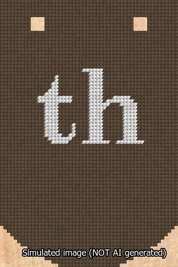 A simulated image of the stitched needlepoint design: Banner 13m Curved th White on Brown. Not A.I. generated.