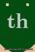 A simulated image of the stitched needlepoint design: Banner 13m Curved th White on Green. Not A.I. generated.