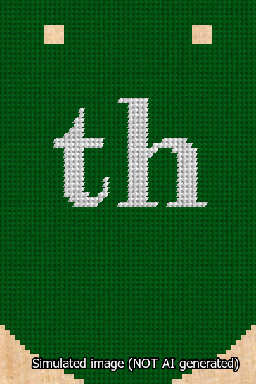 A simulated image of the stitched needlepoint design: Banner 13m Curved th White on Green. Not A.I. generated.