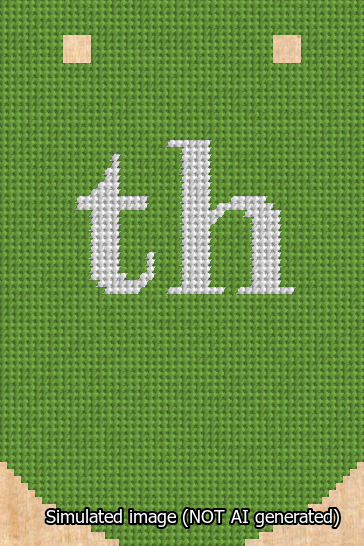 A simulated image of the stitched needlepoint design: Banner 13m Curved th White on Light Green. Not A.I. generated.