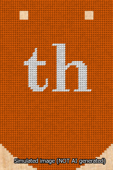 A simulated image of the stitched needlepoint design: Banner 13m Curved th White on Orange. Not A.I. generated.