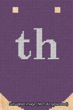 A simulated image of the stitched needlepoint design: Banner 13m Curved th White on Purple. Not A.I. generated.