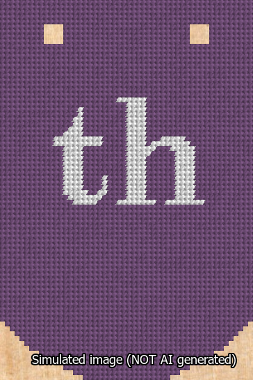 A simulated image of the stitched needlepoint design: Banner 13m Curved th White on Purple. Not A.I. generated.