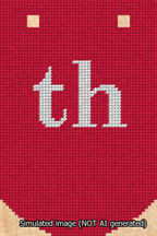 A simulated image of the stitched needlepoint design: Banner 13m Curved th White on Red. Not A.I. generated.