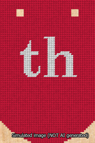 A simulated image of the stitched needlepoint design: Banner 13m Curved th White on Red. Not A.I. generated.