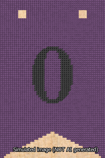 A simulated image of the stitched needlepoint design: Banner 13m Forked 0 Black on Purple. Not A.I. generated.