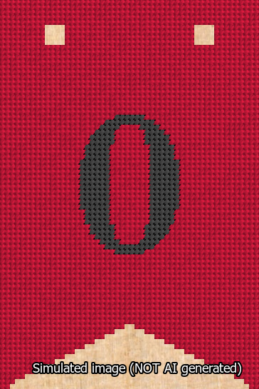A simulated image of the stitched needlepoint design: Banner 13m Forked 0 Black on Red. Not A.I. generated.