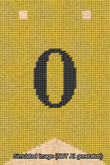 A simulated image of the stitched needlepoint design: Banner 13m Forked 0 Black on Yellow. Not A.I. generated.