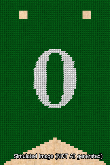 A simulated image of the stitched needlepoint design: Banner 13m Forked 0 White on Green. Not A.I. generated.