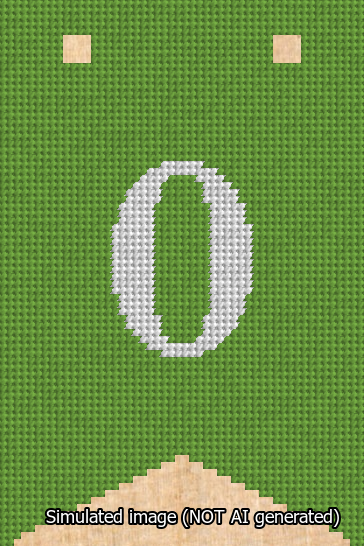 A simulated image of the stitched needlepoint design: Banner 13m Forked 0 White on Light Green. Not A.I. generated.