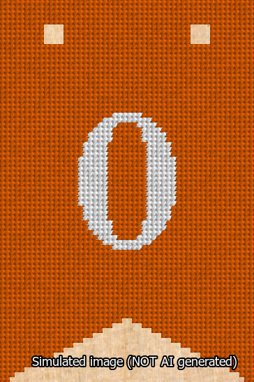 A simulated image of the stitched needlepoint design: Banner 13m Forked 0 White on Orange. Not A.I. generated.