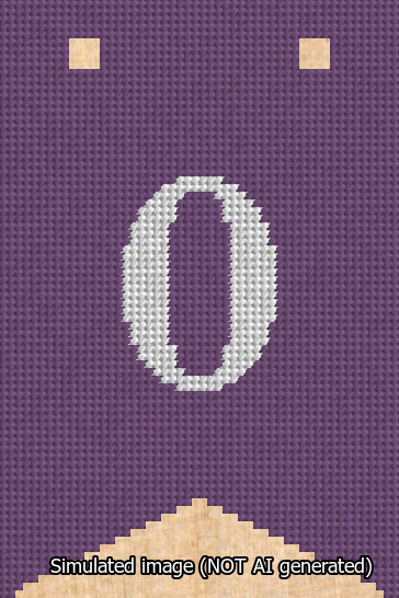 A simulated image of the stitched needlepoint design: Banner 13m Forked 0 White on Purple. Not A.I. generated.