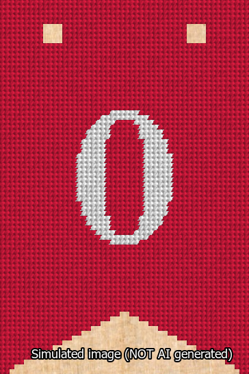 A simulated image of the stitched needlepoint design: Banner 13m Forked 0 White on Red. Not A.I. generated.