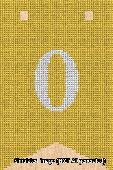 A simulated image of the stitched needlepoint design: Banner 13m Forked 0 White on Yellow. Not A.I. generated.