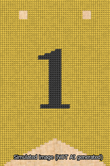A simulated image of the stitched needlepoint design: Banner 13m Forked 1 Black on Yellow. Not A.I. generated.