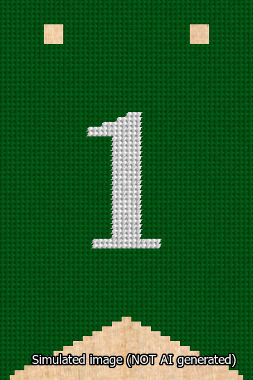 A simulated image of the stitched needlepoint design: Banner 13m Forked 1 White on Green. Not A.I. generated.