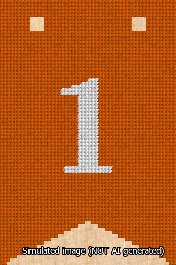 A simulated image of the stitched needlepoint design: Banner 13m Forked 1 White on Orange. Not A.I. generated.