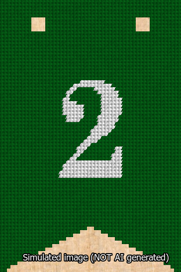 A simulated image of the stitched needlepoint design: Banner 13m Forked 2 White on Green. Not A.I. generated.