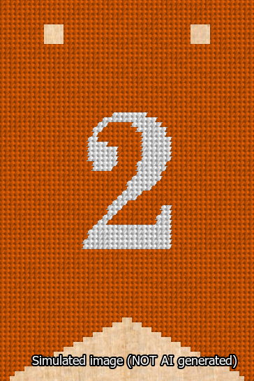 A simulated image of the stitched needlepoint design: Banner 13m Forked 2 White on Orange. Not A.I. generated.