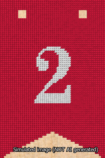 A simulated image of the stitched needlepoint design: Banner 13m Forked 2 White on Red. Not A.I. generated.