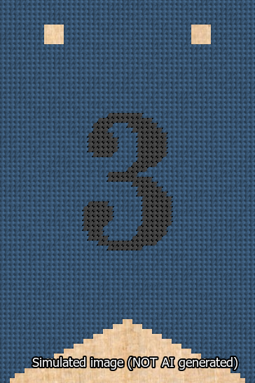 A simulated image of the stitched needlepoint design: Banner 13m Forked 3 Black on Blue. Not A.I. generated.