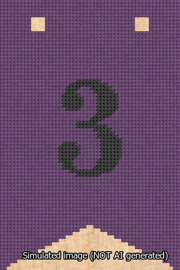 A simulated image of the stitched needlepoint design: Banner 13m Forked 3 Black on Purple. Not A.I. generated.