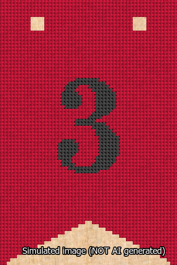 A simulated image of the stitched needlepoint design: Banner 13m Forked 3 Black on Red. Not A.I. generated.