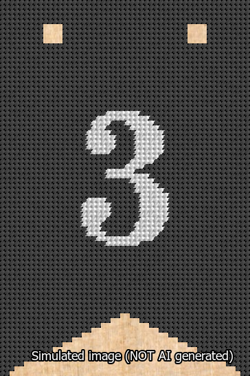 A simulated image of the stitched needlepoint design: Banner 13m Forked 3 White on Black. Not A.I. generated.