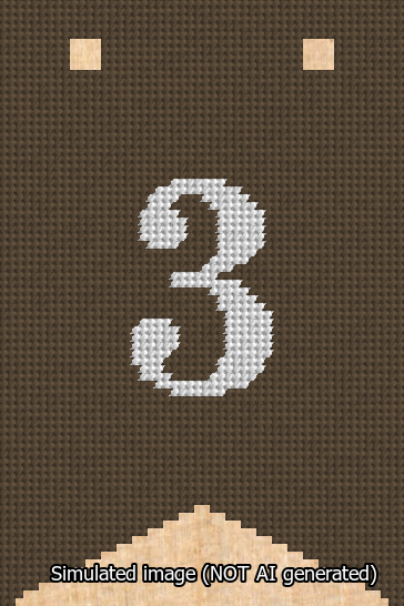 A simulated image of the stitched needlepoint design: Banner 13m Forked 3 White on Brown. Not A.I. generated.