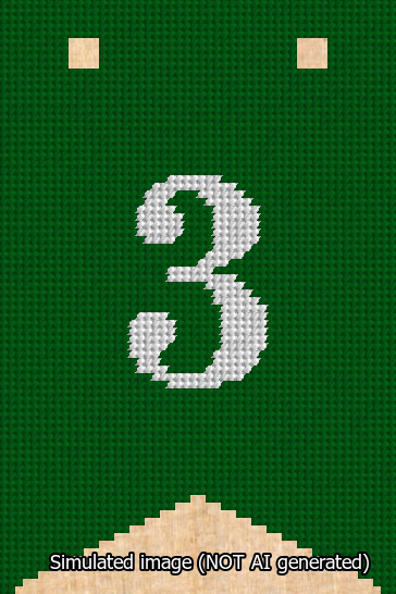 A simulated image of the stitched needlepoint design: Banner 13m Forked 3 White on Green. Not A.I. generated.