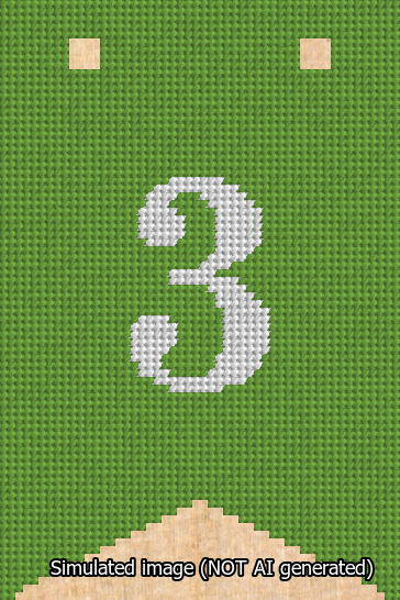 A simulated image of the stitched needlepoint design: Banner 13m Forked 3 White on Light Green. Not A.I. generated.
